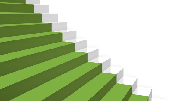Escaleras grises de primer plano en perspectiva diagonal con alfombra verde —  Fotos de Stock