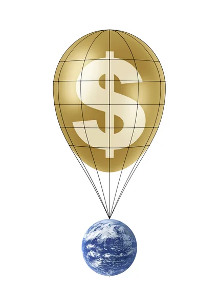 Earth flying on golden dollar balloon — Stock Photo, Image