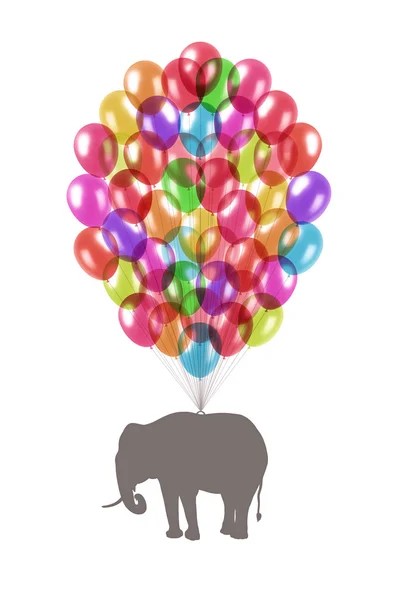 Elephant flying on colorful balloons — Stock Photo, Image