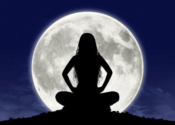 Young woman in meditation at the full moon — Stock Photo, Image