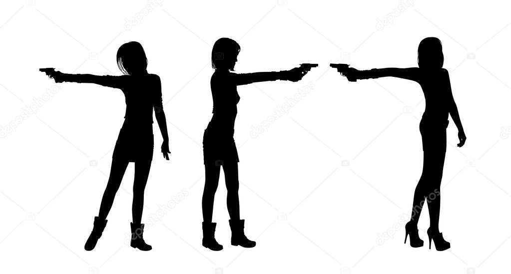 woman shooting with a gun silhouettes set