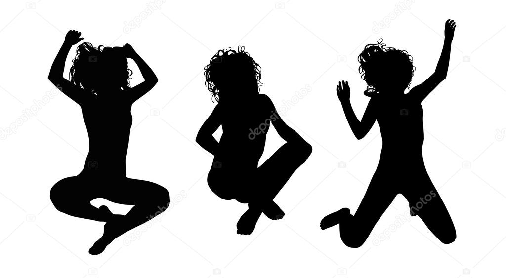 jumping young girls silhouettes set