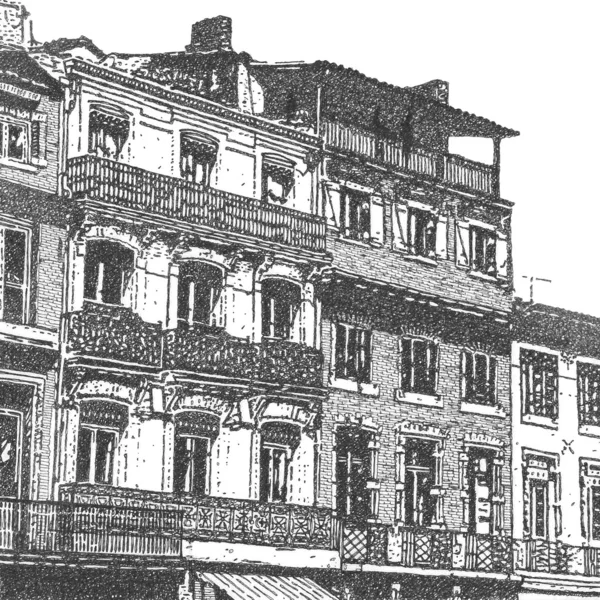 Художній малюнок фасаду з багатьма балконами — стокове фото