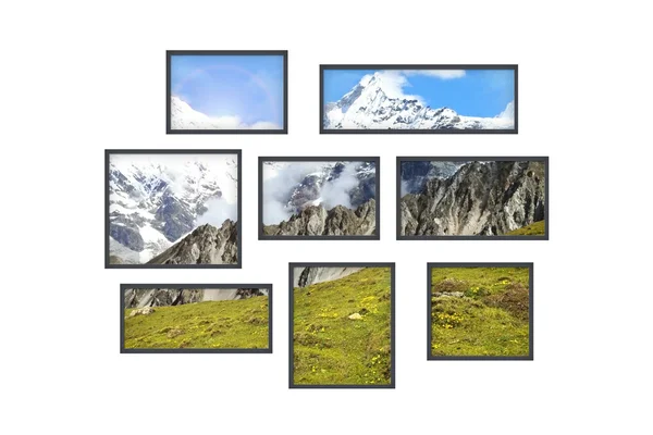 Meerdere vensters op een witte muur met bergen landschap — Stockfoto