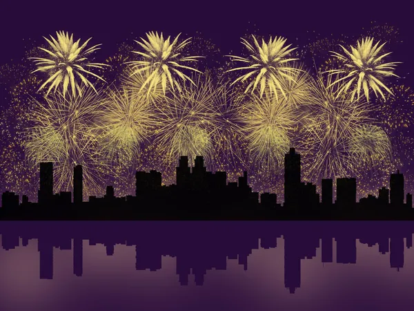 Golden fireworks above big city silhouette — Stock Photo, Image