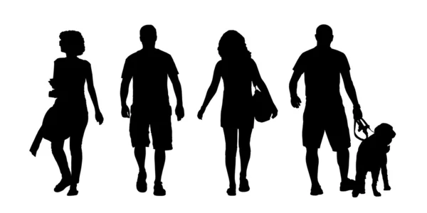 Young men and women walking outdoor silhouettes set — Stock Photo, Image