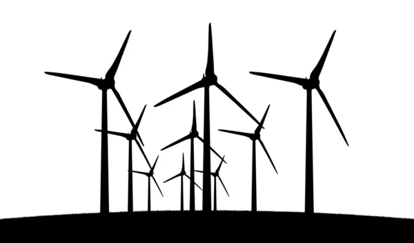 Groep van Eolische windmolens in perspectief silhouet — Stockfoto