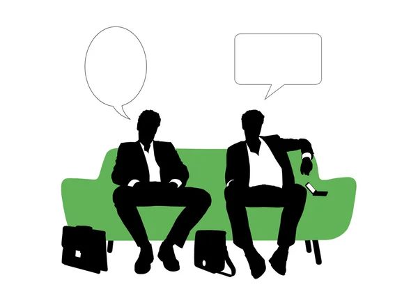 Dwóch biznesmenów mówiąc siedzi na kanapie zielony — Zdjęcie stockowe
