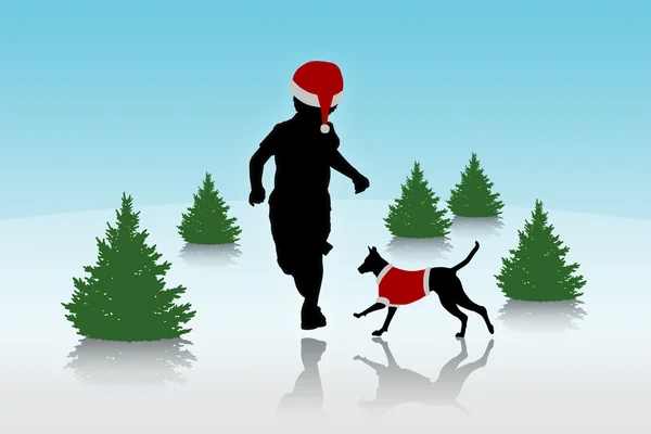 Pequeño niño corriendo con un perro en el fondo de Navidad — Foto de Stock