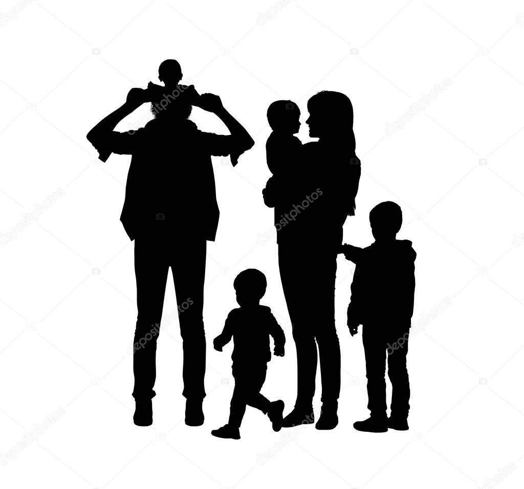 Big family of four children and two parents silhouettes