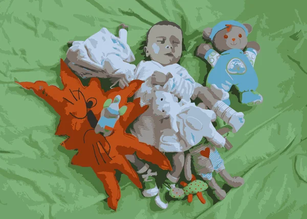 Baby boy sleeping with lots of toys — Stock Photo, Image