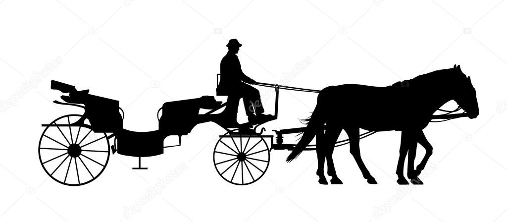 Old style carriage with two horses and a coachman silhouette