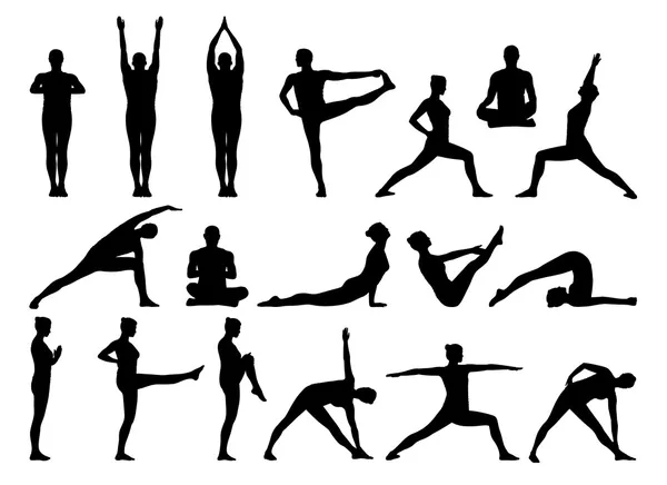 Große Gruppe von Menschen, die Yoga-Silhouetten praktizieren Stockbild