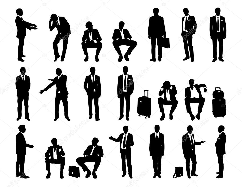 big set businessmen standing and seated silhouettes