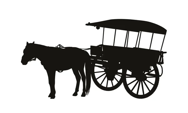 Voiture de campagne de style ancien avec un cheval en silhouette harnais — Photo