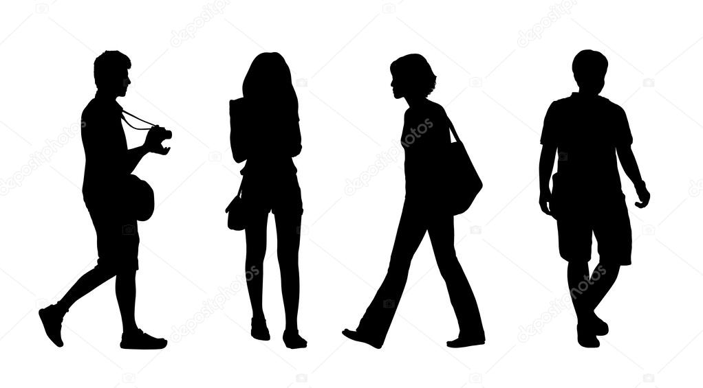 Asian people walking outdoor silhouettes set 4