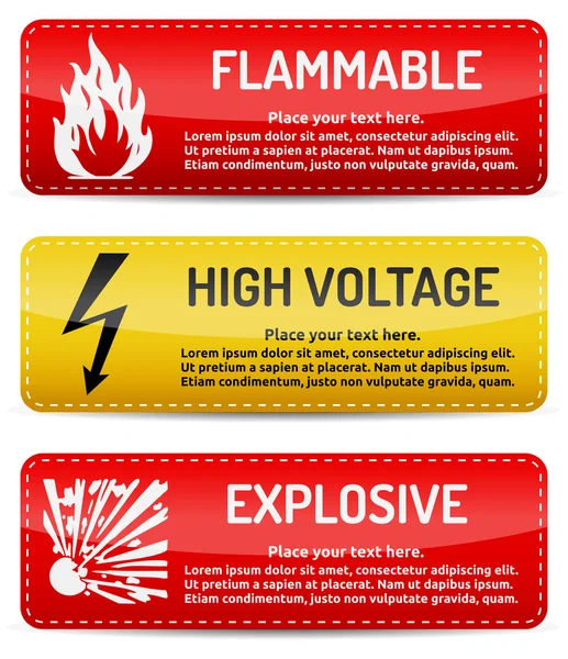 Flammable, High Voltage, Explosive - Danger sign set — Stock Vector