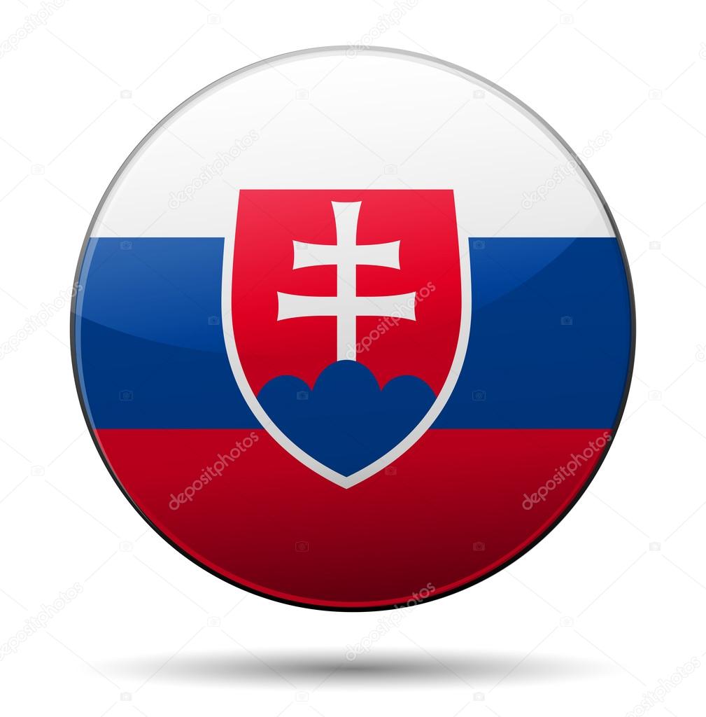 Slovakia flag button with reflection and shadow. Isolated glossy