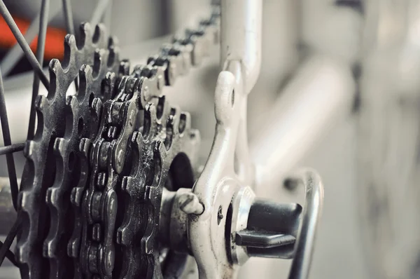 Üstünde belgili tanımlık tekerlek zinciri ile arka bike kaset — Stok fotoğraf