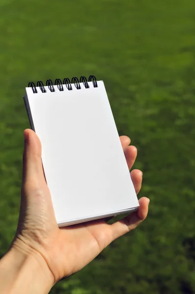 Primer plano de la mano sosteniendo bloc de notas en blanco, sobre fondo de campo verde —  Fotos de Stock