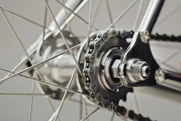 Rueda trasera de bicicleta con cadena y piñón — Foto de Stock