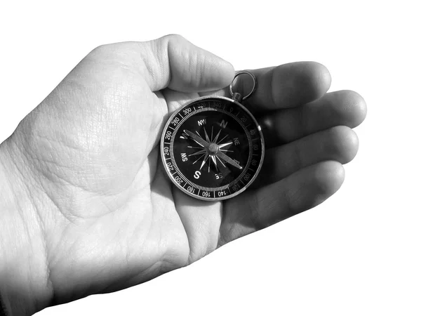 Compass in hand geographical isolated grayscale — Stock Photo, Image