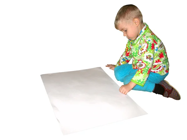 Chłopiec rysuje na białym tle ze ścieżką przycinającą — Zdjęcie stockowe