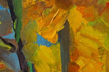 Soyut sonbahar resmi. Turuncu, kahverengi, bej rengi, yağlı boya. Sonbahar gölgelerinin farklı tonlarında bir sanat eseri. Tuvalde fırçası olan modern el yapımı bir tasarım.