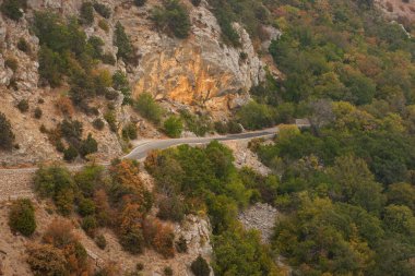 Road Güz Ormanı Anteni. Gün batımında, turuncu-kahverengi ormanın güzel manzarası ılık. Dağ yılanı boyunca arabasız dolambaçlı bir yol. Seyahat konsepti, seyahatler.