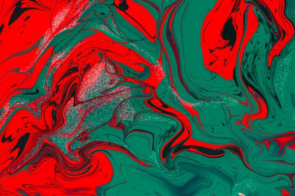 红色绿色丙烯酸流体艺术抽象创意圣诞背景 艺术鲜明的未来派背景 动态线条 飞溅对比 节日卡片的设计 流行的大理石质地 — 图库照片