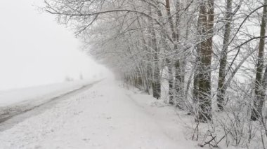 Kış yolu karı. Arabasız, kar yığınlarıyla kaplı boş bir kırsal yol. Kötü havada seyahat etmek. Bir kır yolu ile kış bulutlu manzarası. Yoldan geçen araba izleri. Kış büyüsü kavramı