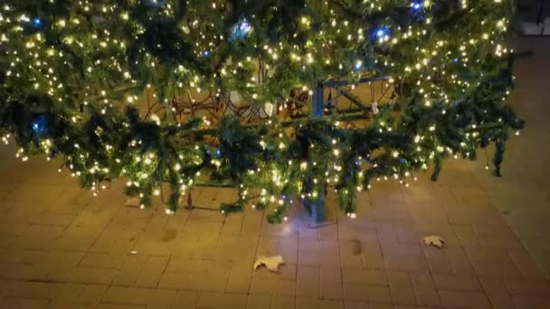 Arbre Noël Rue Ville Arbre Noël Artificiel Vert Décoré Avec — Video