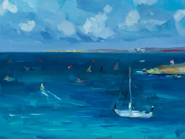海のヨットの油絵 積雲セーリングボートと抽象的な青い海 印象派 エチュード プレインの空気 休息の概念 絵の背景や絵葉書のデザイン — ストック写真