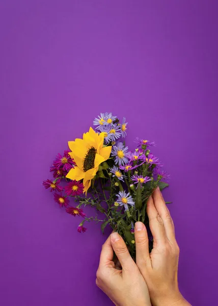 Őszi Virág Elrendezés Lila Háttér Női Kezét Színes Őszi Virágcsokor — Stock Fotó