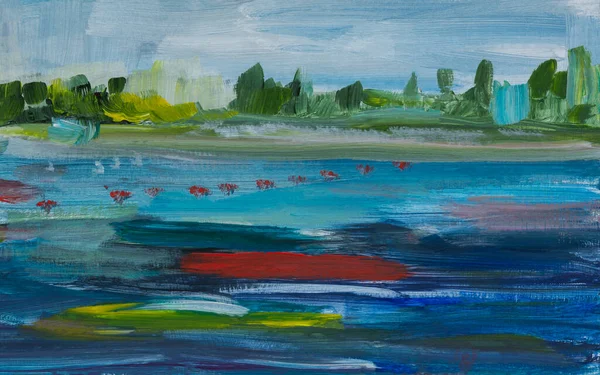 風景抽象アクリル 水平線にボートや木がある湖 紙に水平な夏の図面 創造的な著者の絵画 近代抽象絵画 休暇の概念 — ストック写真