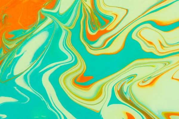 绿松石橙色米黄色丙烯酸液体艺术 抽象的创意春天背景 艺术花卉背景 动态线条 对比飞溅 节日卡片的设计 流行的大理石质地 — 图库照片