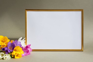 Anneler Günü. Üzerinde güzel frezya çiçekleri olan bir tebrik kartı gri arka planda beyaz bir masa. Parlak bahar tasarımı dikey çiçek modeli, beyaz bir vazoda yaratıcı kompozisyon. Kadınlar Günü, 8 Mart