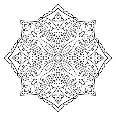 Tasarım için basit bir madalyon. Halı, duvar kağıdı, tekstil ve herhangi bir yüzey için şablon. Beyaz arkaplandaki siyah vektör süsü.