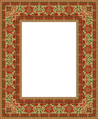 Doğulu çiçek süsü. Çerçeve, kart, sınır için kırmızı, yeşil ve bej şablon. Metnin, fotoğrafın ya da aynan için vektör deseni.