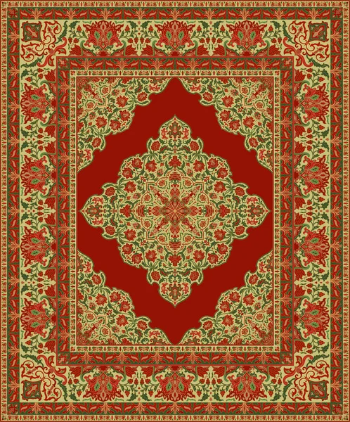 Alfombra Roja Oriental Patrón Floral Con Marco Plantilla Para Textil — Vector de stock