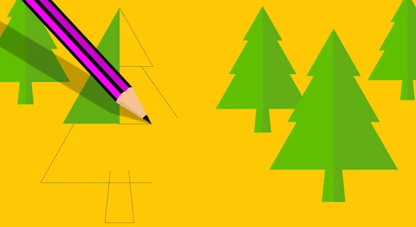 养恤金A Pencil 黄纸上的青松树 正在进行中 创意移植性 艺术概念 绘画教学 学习绘画 传统装潢理念 — 图库照片
