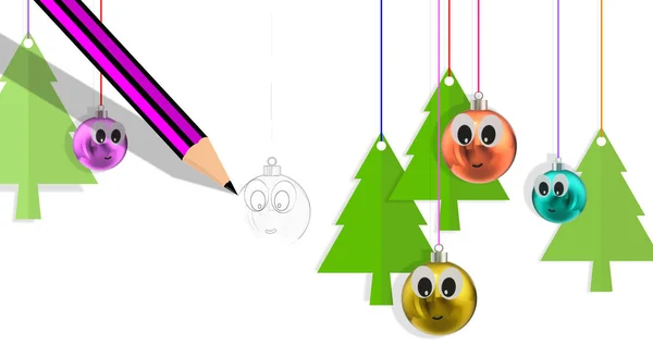 Pencil Bolas Bugiganga Natal Cara Com Expressão Pinhais Verdes Progresso — Fotografia de Stock