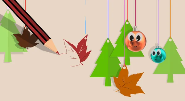 养恤金A Pencil 圣诞铝球 面带微笑松树和枯叶 正在进行中 创意3D Illustration 艺术概念 绘画教学 学习绘画 — 图库照片