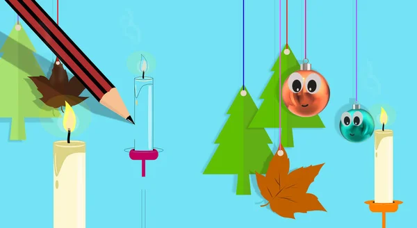 养恤金A Pencil 圣诞铝球 面带微笑松树 干叶和点燃的蜡烛 正在进行中 创意3D Illustration 艺术概念 绘画教学 — 图库照片