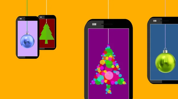 Feestelijke Thema Het Mobiele Telefoon Scherm Fantasie Merry Christmas Bauble — Stockfoto