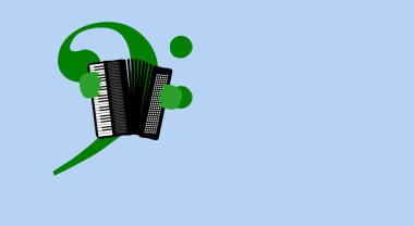 Piyano akordeonunu çalan anahtar imza. Üç katlı F anahtarı. Müzikal sembol. Sanata atıfta bulunan şık bir illüstrasyon. Müzik posteri, yazı tabelası. Rüzgar enstrümanı.