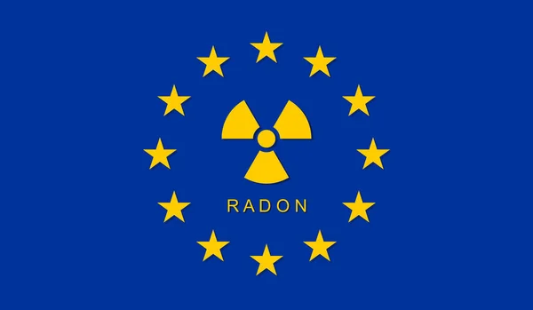 欧盟旗帜 明星和偶像 一种影响全球室内空气质量的污染物 关于本底辐射的说明 惰性气体 警报信号 可能的肺癌 — 图库照片