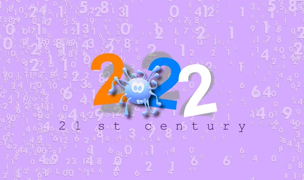 テキストに挿入されたコロナウイルスのシミュレートされた図面と2022 21世紀 酸ライラックの色に際立つ乱数を背景にした3Dイラスト Covid 19パンデミック — ストック写真