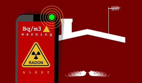 RADON TEHLİKLERİNİN SÜRENİLMİ. Alarm sinyali, tehlike. Radyoaktif, renksiz, kokusuz, tatsız soy gaz. Bir evin siluetinin yanında aksesuarlar ve dedektörler. Hava toksisite izleme ekipmanları.