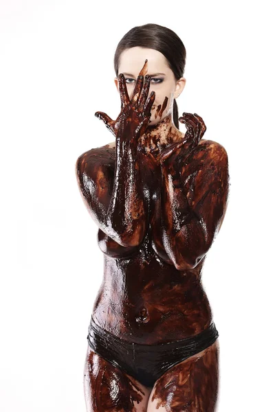 Mujer degustación de chocolate líquido — Foto de Stock